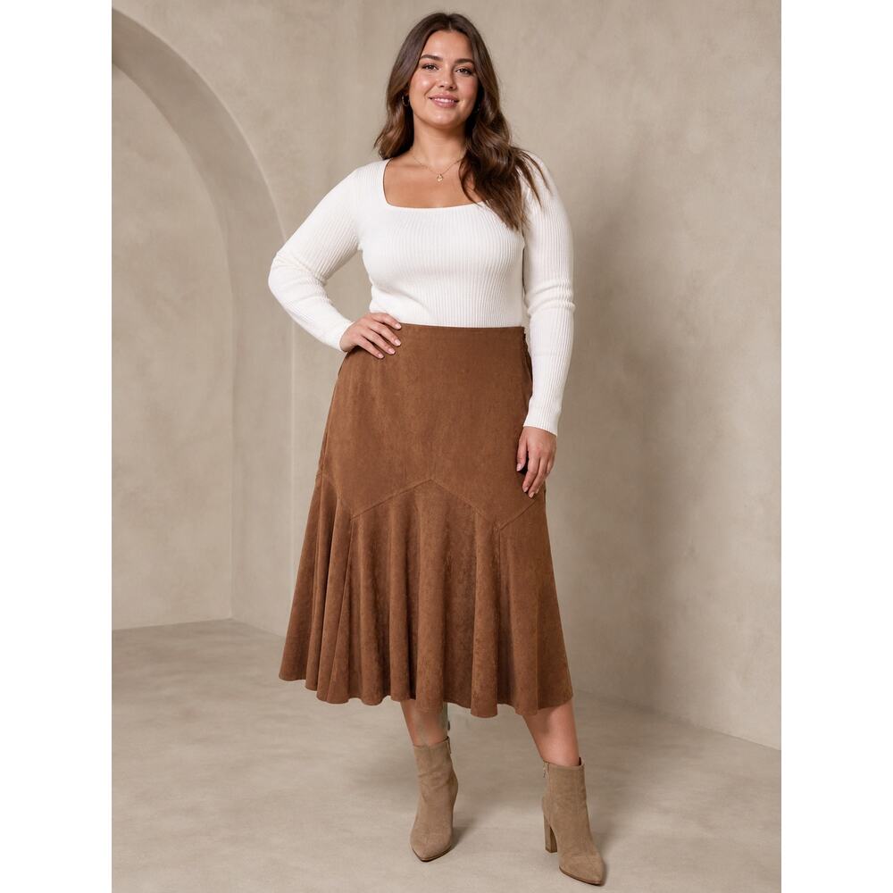 Brown Faux Suede Midi Skirt Tulip Hem Western Cowgirl Flowy 12